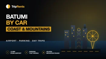 Batumi skyline with the Alphabet Tower and Ferris wheel above a coastal road on a TripRents cover for a Batumi car rental and driving guide