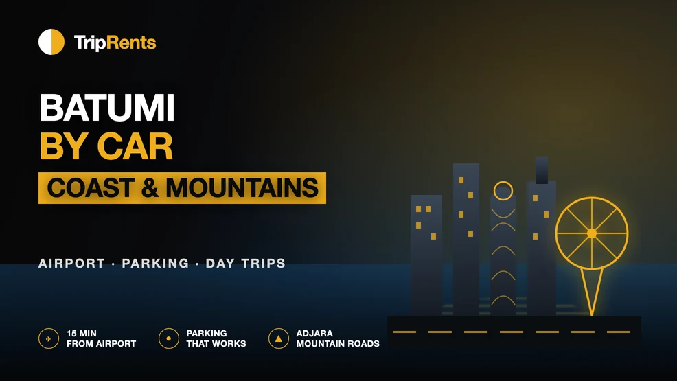 Batumi skyline with the Alphabet Tower and Ferris wheel above a coastal road on a TripRents cover for a Batumi car rental and driving guide