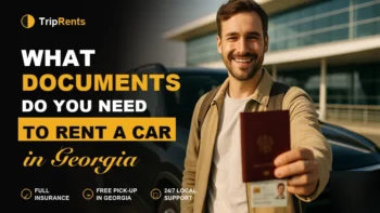 Traveler showing passport and driving license next to a rental car in Georgia