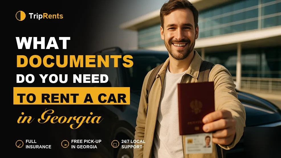 Traveler showing passport and driving license next to a rental car in Georgia